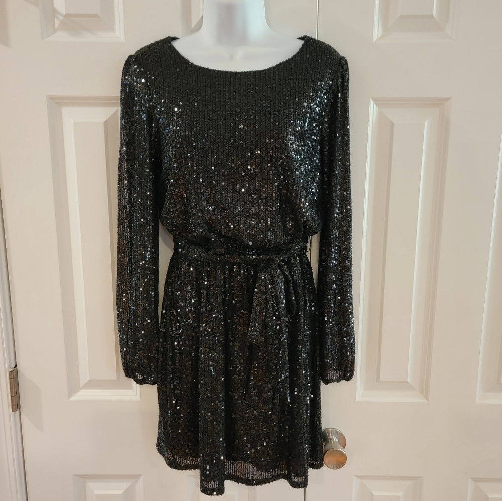 Crystal Sky Black Sparkle‎ Long Sleeve Mini Dress Size Medium NWT